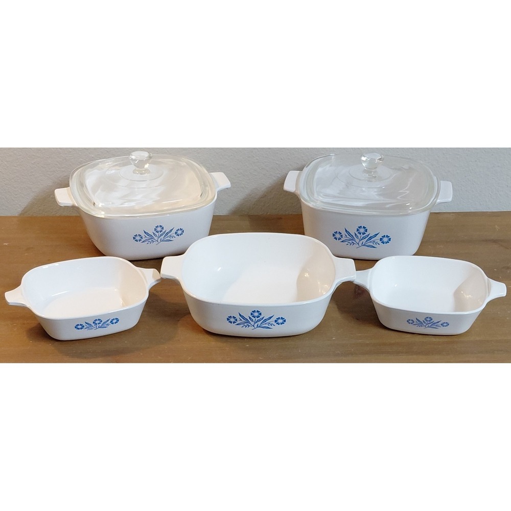 Vintage CorningWare Blue Cornflower 7 Piece Casserole Set With Pyrex Lids
